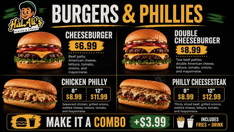 HalAli's burgers and phillies menu board: cheeseburger, double cheeseburger, chicken philly and philly cheesesteak, with prices and the combo offer.