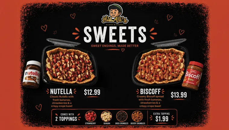 HalAli's sweets menu board: Nutella crepe and Biscoff crepe, with toppings and prices.